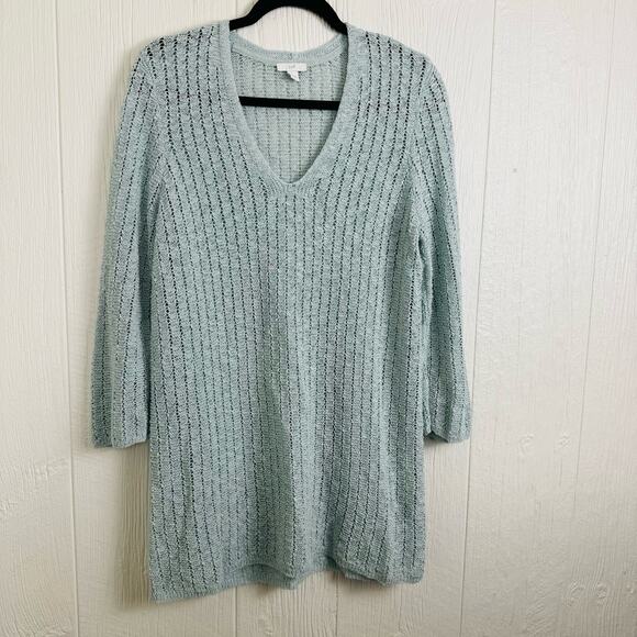J. Jill Crochet Tunic Long Sleeve V-Neck Cotton Blend Seafoam Blue Size Medium - Picture 7 of 9